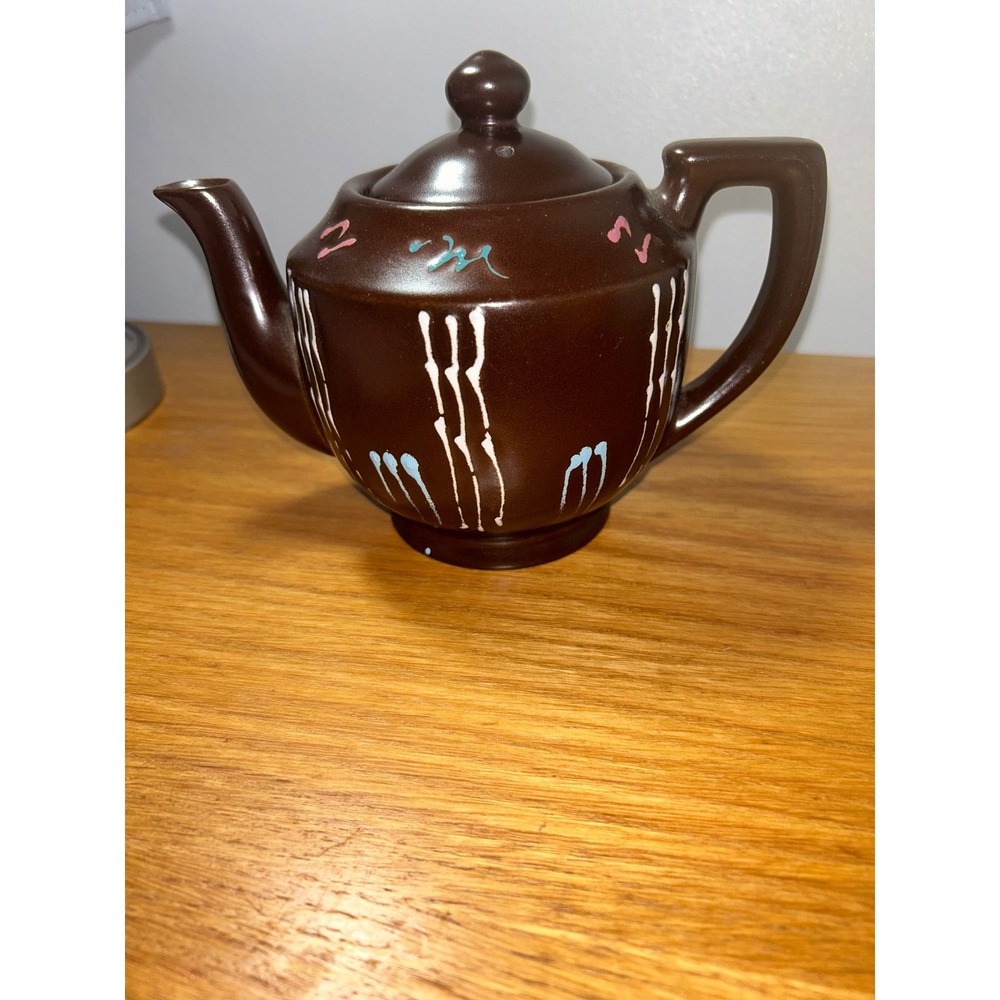 Vintage Brown Ceramic Teapot Hand Painted Abstract Drip Design Mid Century Style